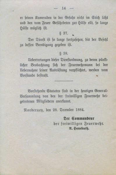 Freiwillige Feuerwehr Norderney - Statuten vom 28.12.1884