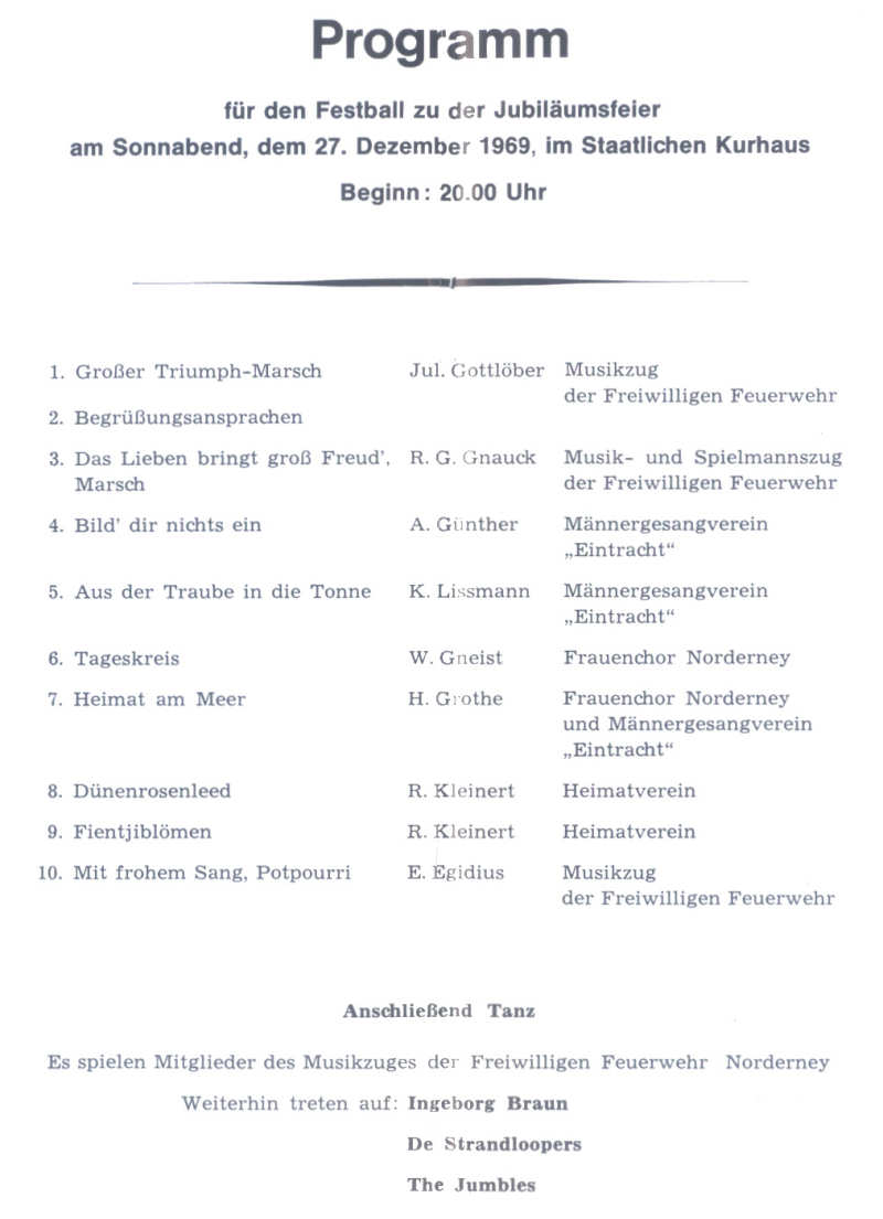 Freiwillige Feuerwehr Norderney - Programm für den Festball 27.12.1969