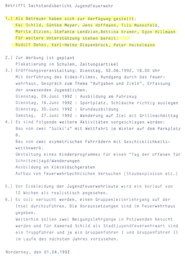 Sachstandbericht Jugendfeuerwehr - 01.04.1992 Sachstandbericht Jugendfeuerwehr - 01.04.1992