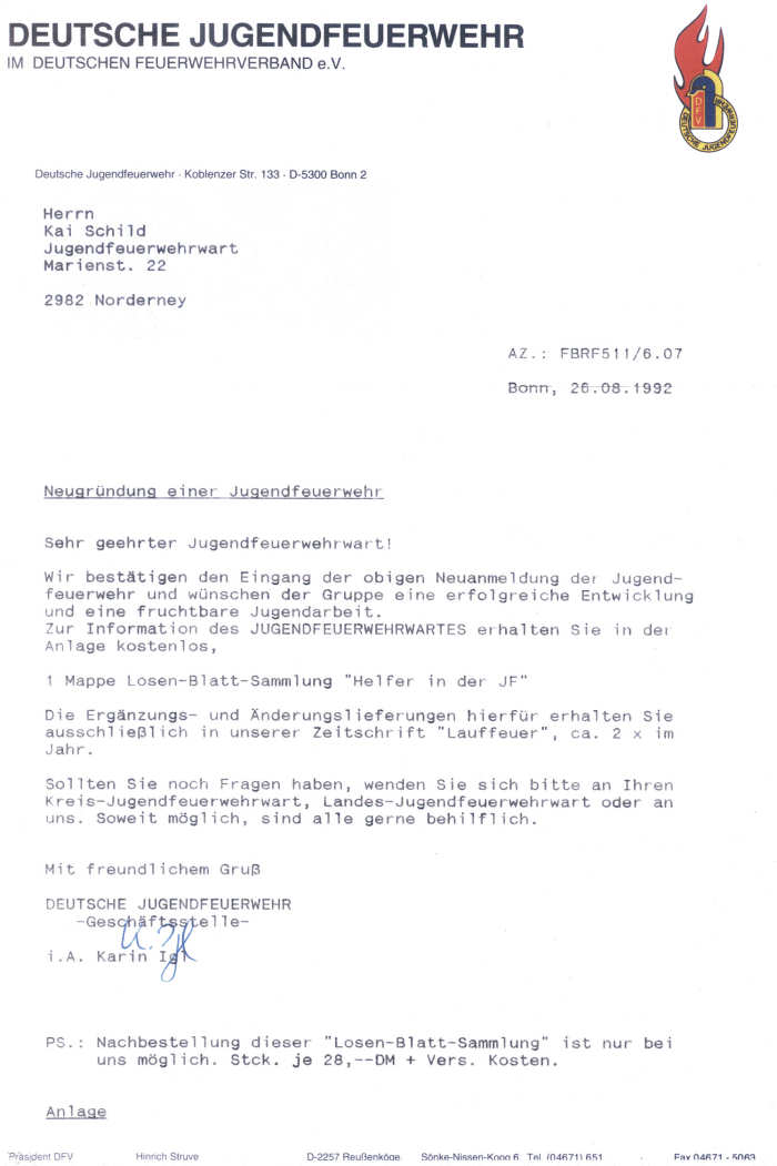 Bestätigung des Antrages am 26.08.1992