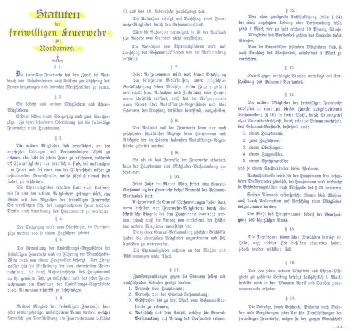 Die Statuten der F.F. Feuerwehr Norderney 28.12.1884 Die Statuten der F.F. Feuerwehr Norderney 28.12.1884