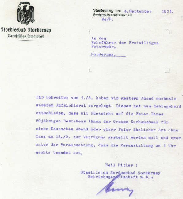 Briefwechsel mit dem Preußischen Staatsbad 1934