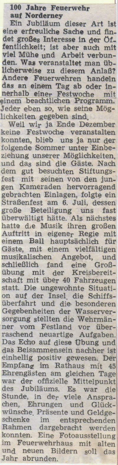 Abschlußbericht über 100 Jahre Freiwillige Feuerwehr Norderney