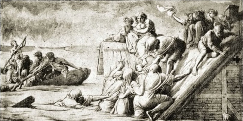 Flutkatastrophe: Wandmalerei von Heinrich v. Dörnberg im Heim des Dichters Hermann Allmers in Rechtenfleth/Unterweser. Flutkatastrophe: Wandmalerei von Heinrich v. Dörnberg im Heim des Dichters Hermann Allmers in Rechtenfleth/Unterweser.