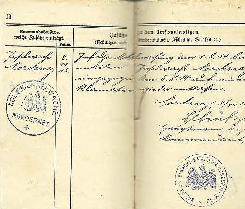 Militärpass Okko Fleetjer, Eintragung zur Mobilmachung 1. August 1914 Militärpass Okko Fleetjer, Eintragung zur Mobilmachung 1. August 1914