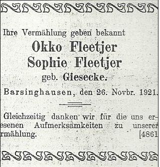 Hochzeitsanzeige in der Badezeitung vom 1. Dezember 1921. Hochzeitsanzeige in der Badezeitung vom 1. Dezember 1921.
