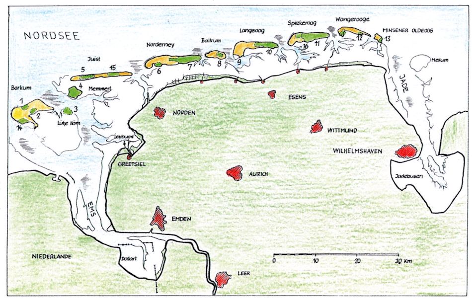 Die Küste zwischen Ems und Jade mit den Ostfriesischen Inseln und dem Wattgebiet.