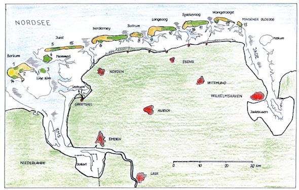 Die Küste zwischen Ems und Jade mit den Ostfriesischen Inseln und dem Wattgebiet.