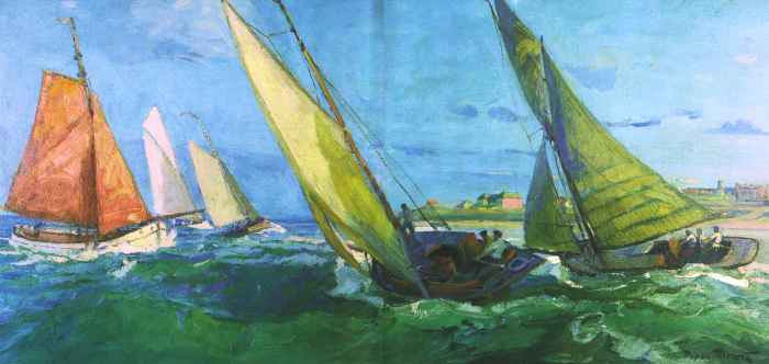 Erste Bundes-Nordseeregatta des deutschen Seglerbundes, Gruppe Ostfriesland, vor Norderney - 1927 - Öl auf Holz - 76 x 154 cm