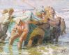 Seeleute ein Boot zu Wasser bringend / 1911 - Öl auf Leinwand - 32 x 40 cm
