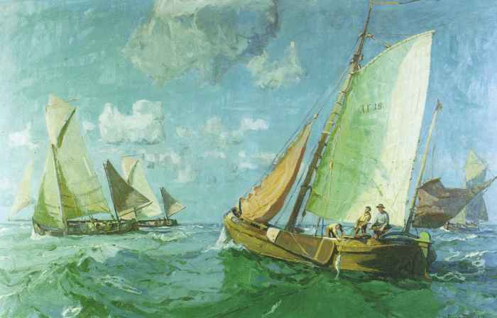 Norderneyer Schaluppen bei der Schellfisch-Angelfischerei auf hoher See 1930 - Öl auf Leinwand - 157 x 243 cm