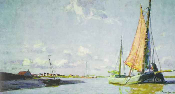 Einfahrt von Greetsiel - Morgenstimmung / 1947 - Öl auf Holz - 69 x 130 cm