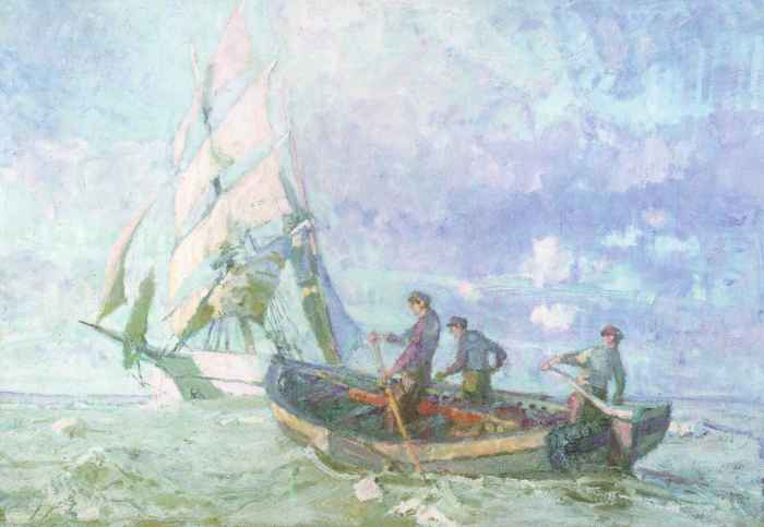 Lotsenboot und Schoner / 1948 - Öl auf Holz - 70 x 100 cm